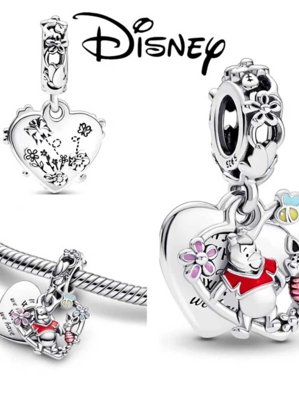 Pandora Disney Silver Silver 2hearts 2friends Dangle Charm Pooh+Piglet